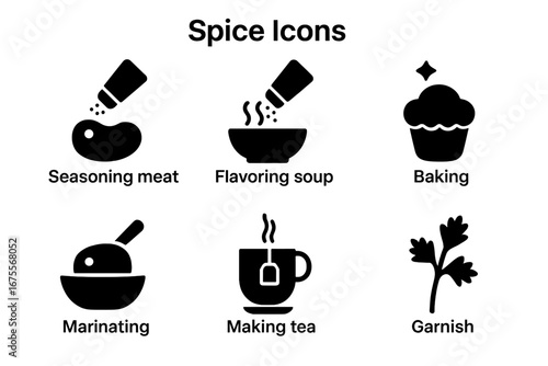 Spice and herb uses solid glyph icon set. Cooking and food preparation concepts like seasoning meat, flavoring soup, baking, marinating, making tea, and garnishing vectors.