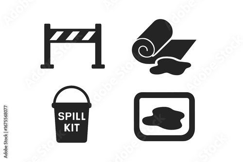 Spill containment icon set. Industrial safety symbols. Spill kit, barrier tape, absorbent mat, pollution control concept. Chemical, oil, liquid spill cleanup. Hazmat response vector.