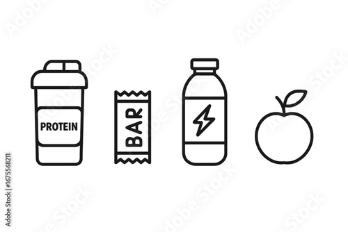 Sports nutrition outline icon set. Vector symbols of protein shake, energy bar, hydration drink, apple. Healthy lifestyle, diet, fitness, gym, workout supplement concept.
