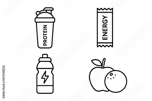 Sports nutrition icon set. Outline vector icons for fitness, workout, gym. Protein shake, energy bar, electrolyte drink, fruit. Healthy lifestyle, diet food, supplement.