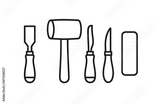 Wood Carving Tools Set Vector Illustration. Outline Icons of Wood Carving Chisel, Mallet, Gouge, Carving Knife, Sharpening Stone for Craft and Woodworking Design