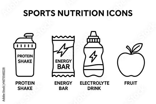 Sports nutrition vector outline icon set. Protein shake, energy bar, electrolyte drink and fruit. Fitness, diet, workout and hydration supplement symbol for health and gym.