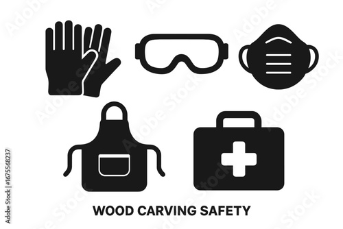 Solid Wood Carving Safety Icons Set with Protective Gloves, Safety Goggles, Dust Mask, Apron, and First Aid Kit, Vector Illustration for Woodworking Safety Measures
