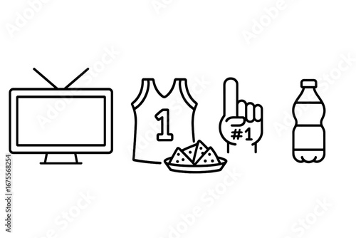 Sports party and game day line icon set. Vector icons for watching a live game on TV. Includes fan jersey, number 1 foam finger, nachos, and soda. Fan celebration concept.