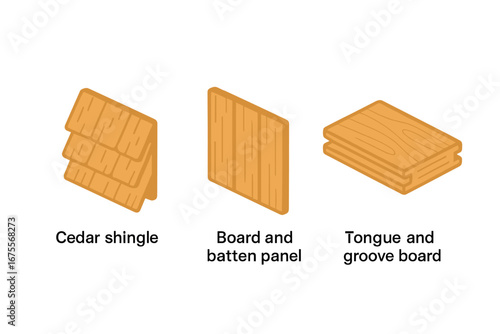 Isometric wood siding icon set featuring cedar shingles, board and batten panel, and tongue and groove board, detailed flat vector illustration for construction and architecture design