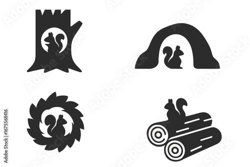 Squirrel habitat vector icon set. Solid glyph collection of animal shelters. Includes tree hole, ground burrow, leaf nest, log pile. Wildlife, nature, forest animal home concept.