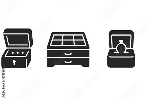 Solid Wooden Jewelry Box Icons, Vector Set of Handcrafted Hinged Wooden Boxes, Drawer Organizers, Ring Holders, Elegant Storage Containers for Jewelry and Accessories