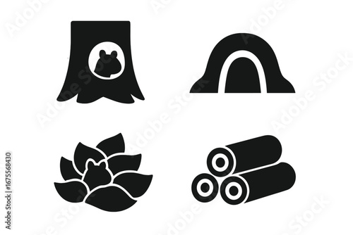 Squirrel habitat solid glyph icon set. Vector collection of animal shelters like a tree hole, ground burrow, drey or leaf nest, and log pile. Wildlife nature symbols.