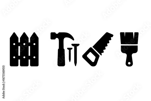Woodworking tools icons set, solid filled wooden fence and construction materials, hammer, nails, hand saw, wooden plank, paint brush, vector illustration on transparent background