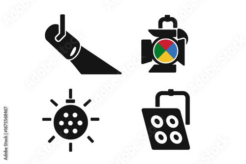 Stage lighting glyph icon set. Theater and concert equipment symbols. Vector illustration of spotlight beam, color gel projector, disco ball, and led floodlight for entertainment.