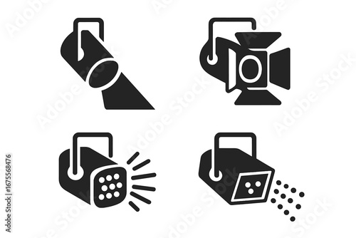 Stage lighting glyph icon set. Solid pictogram collection of professional theater and concert equipment. Includes spotlight, floodlight, beam projector and lighting effects.