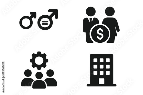 Workplace Equality Icons Set, Solid Filled Gender Symbols, Equal Pay, Team Collaboration, Office Building Vector Illustration on Transparent Background