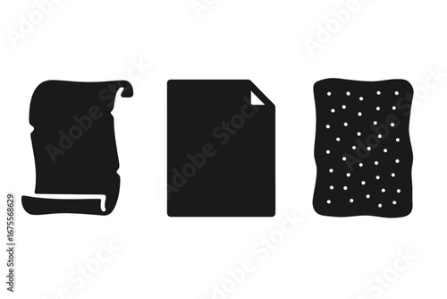 Writing surfaces icons solid filled vector set parchment scroll vellum page textured paper sheets vintage and modern stationery elements for creative design