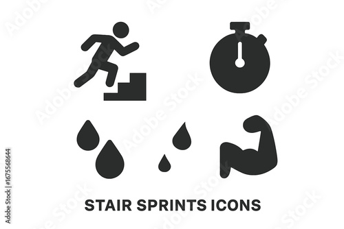 Stair sprints workout solid icon set. Man running on staircase for cardio fitness training. Stopwatch for time, sweat drops, and muscle icon for strength and endurance.