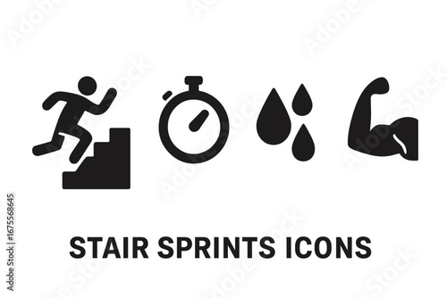 Stair sprints solid icon set. Vector glyphs for workout, running, and cardio fitness. Man on staircase, stopwatch, sweat drops, and muscle arm for training and endurance concept.