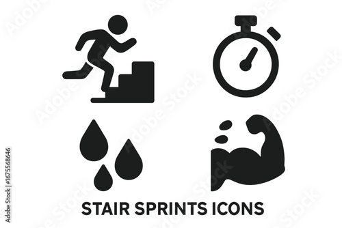 Stair sprints solid icon set. Fitness, workout, and exercise symbols. Runner on stairs, stopwatch, sweat drops, and muscle arm. Vector glyph illustration for sports training.