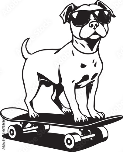 A cute purebred Staffordshire Bull Terrier puppy in a black suit and a brown hat is sitting and looking at the camera