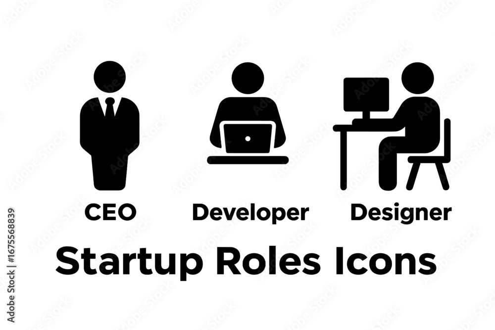 Startup roles icon set with CEO, developer, and designer. Vector glyph pictograms of business team people. Solid black illustration of manager, programmer, and graphic artist. Startup roles icon set with CEO, developer, and designer. Vector glyph pictograms of business team people. Solid black illustration of manager, programmer, and graphic artist.