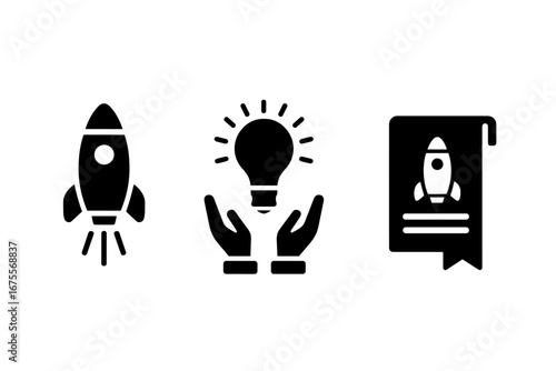 Startup success icon set. Rocket launch for business growth. Lightbulb in hands for innovation and ideas. Business plan document for strategy. Solid glyph vector icons.