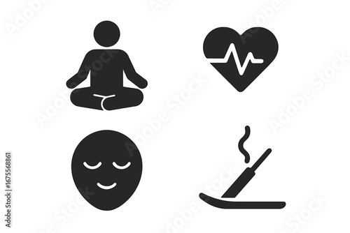 Yoga stress relief icon set, solid filled vector illustration including meditation pose, heartbeat slow symbol, calm face expression, and incense stick for relaxation and wellness