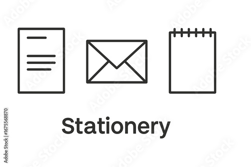 Stationery icon set for business and corporate identity. Vector outline icons of letterhead, envelope, and notepad. Simple line art for branding collateral and design elements.