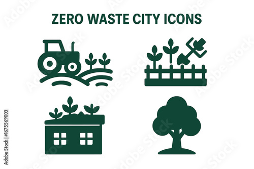 Zero Waste City Green Spaces Icons Set, Solid Filled Symbols of Urban Farm, Community Garden, Green Roof, Tree for Eco-Friendly Sustainable Living, Urban Environment Vector