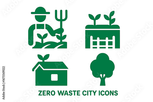 Zero Waste City Icons Set, Solid Green Urban Sustainability Symbols Including Urban Farm, Community Garden, Green Roof, and Tree Vector Illustration for Eco-Friendly Cities