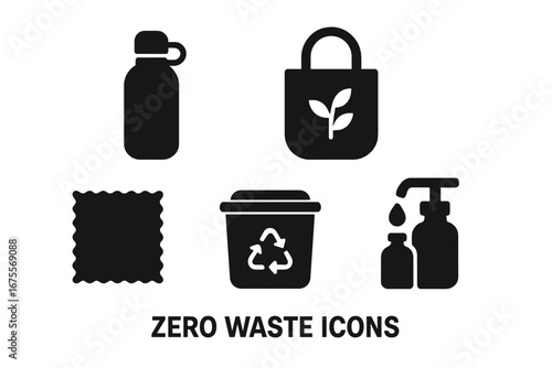 Solid filled zero waste lifestyle icons set with reusable water bottle, eco-friendly cloth bag, beeswax food wrap, compost bin, and refillable liquid containers vector illustration