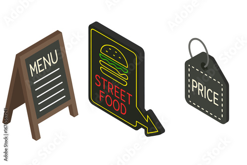 Isometric street food icon set. Vector collection of fast food signage. Includes a chalkboard menu stand, neon burger sign, and price tag label for a cafe or restaurant.