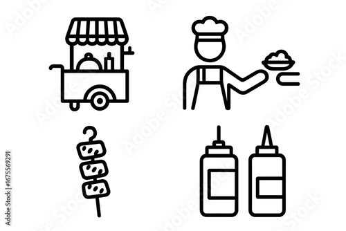 Street food vendor linear icon set. Food cart, chef serving meal, shish kebab skewer and condiment sauce bottles. Outline icons for fast food market, stall or takeaway business.