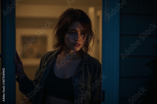 Woman stepping outside with tears in a dimly lit doorway at night Free Download Woman stepping outside with tears in a dimly lit doorway at night - GFXLoad