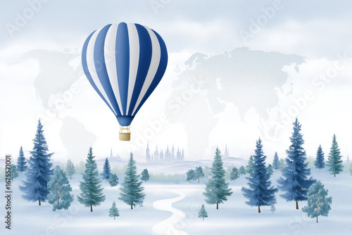 Hot air balloon soaring above a serene winter landscape with evergreen trees and soft clouds