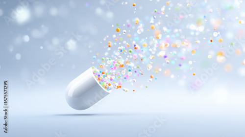 White capsule releasing colorful particles 