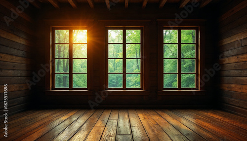 Wide-angle shot of a rustic wooden room with windows. 