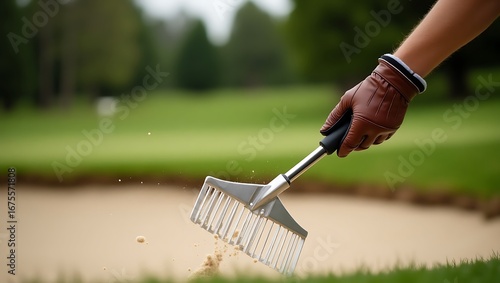 Wallpaper Mural Golf Sand Trap: Professional Rake Action in Lush Greens Torontodigital.ca
