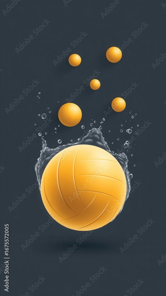 Fototapeta premium A yellow volleyball splashes into water, creating dynamic ripples and bubbles against a dark background, conveying energy and motion.