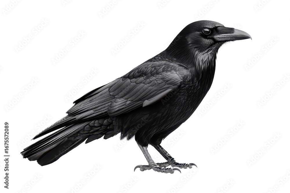 Fototapeta premium Black crow perched on a white background showcasing intricate feather details and sharp features in high definition