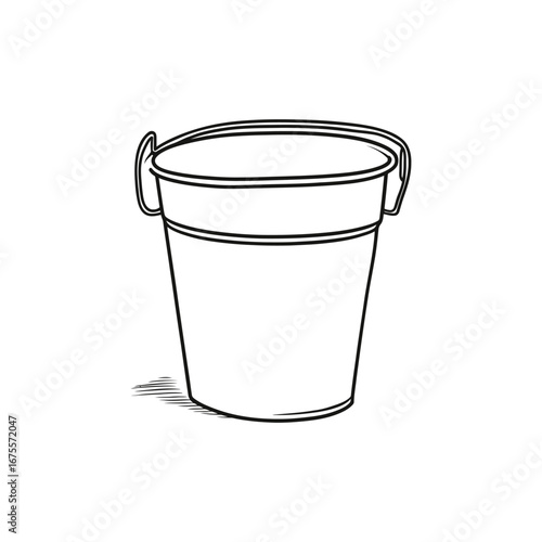 Illustration of a metal bucket with a handle and a simple design on a white background drawing art