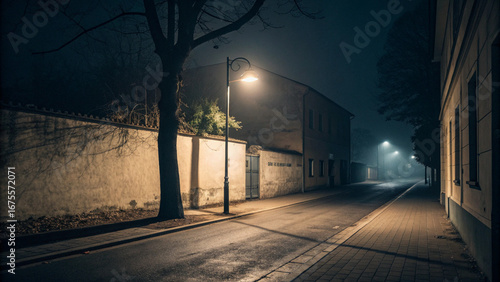 Moody Night Street Scene: Foggy, dimly lit European alleyway with antique buildings, single lamppost, and tree shadows.