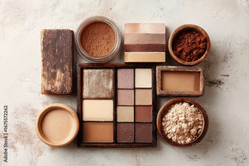 Fototapeta premium Varied shades of brown and beige makeup arranged elegantly on a textured surface perfect for professional makeup artists and beauty enthusiasts