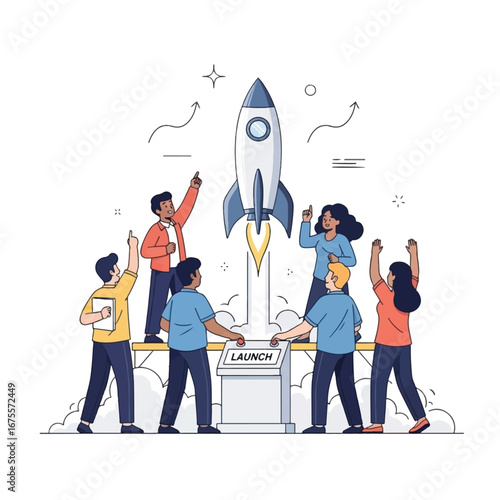 Diverse team launching a rocket, symbolizing a successful business startup.
