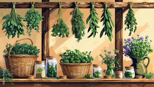 Herb shelf display with baskets, jars, and fresh herbs in cozy kitchen setting