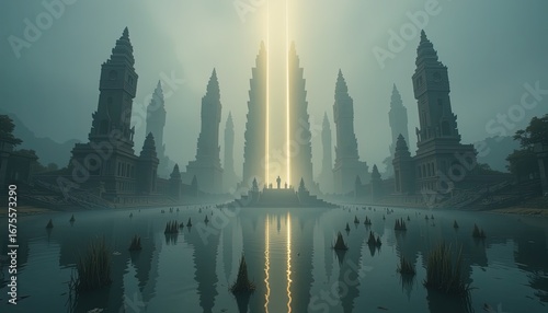 A serene, misty cityscape of ancient, weathered structures, reflecting in a calm waterway, with a brilliant light beam piercing the fog.