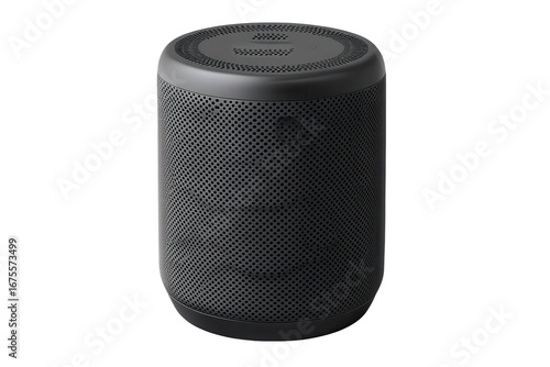 Black wireless speaker placed on a flat surface showcasing its compact design and circular top with speaker mesh and logo viewable from multiple angles in various environments