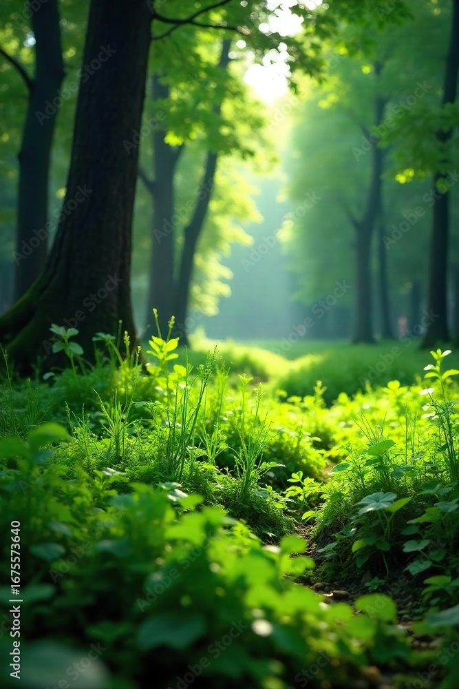 Fototapeta premium Lush green forest grass carpet, sunlight filtering through leaves, creating dappled shadows and textures Perfect for nature, environmental, and background uses , rural, nature