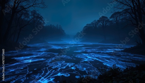 A tranquil lake at night, adorned with luminous blue patterns on the frozen surface, silhouetted by dark trees and mist.