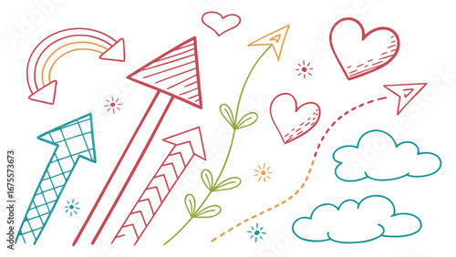 Colorful hand drawn arrows pointing upwards and forwards with hearts clouds and rainbow elements on a white background representing growth and positive direction