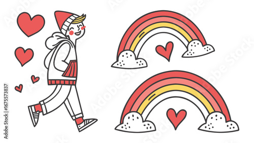Joyful cartoon character with a red beanie and hoodie running happily surrounded by hearts and colorful rainbows with clouds