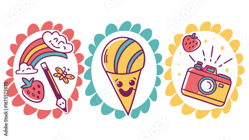 Three adorable doodle circles featuring a rainbow with a strawberry and butterfly a happy ice cream cone and a camera with a strawberry