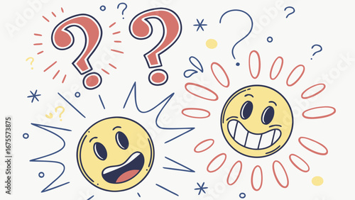 Two cartoon sun characters with expressive faces surrounded by question marks and abstract shapes representing curiosity and confusion